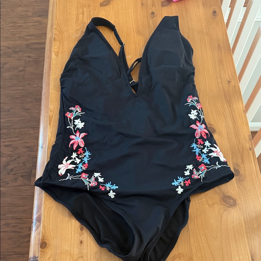 Floral Embroidered Black Swimsuit